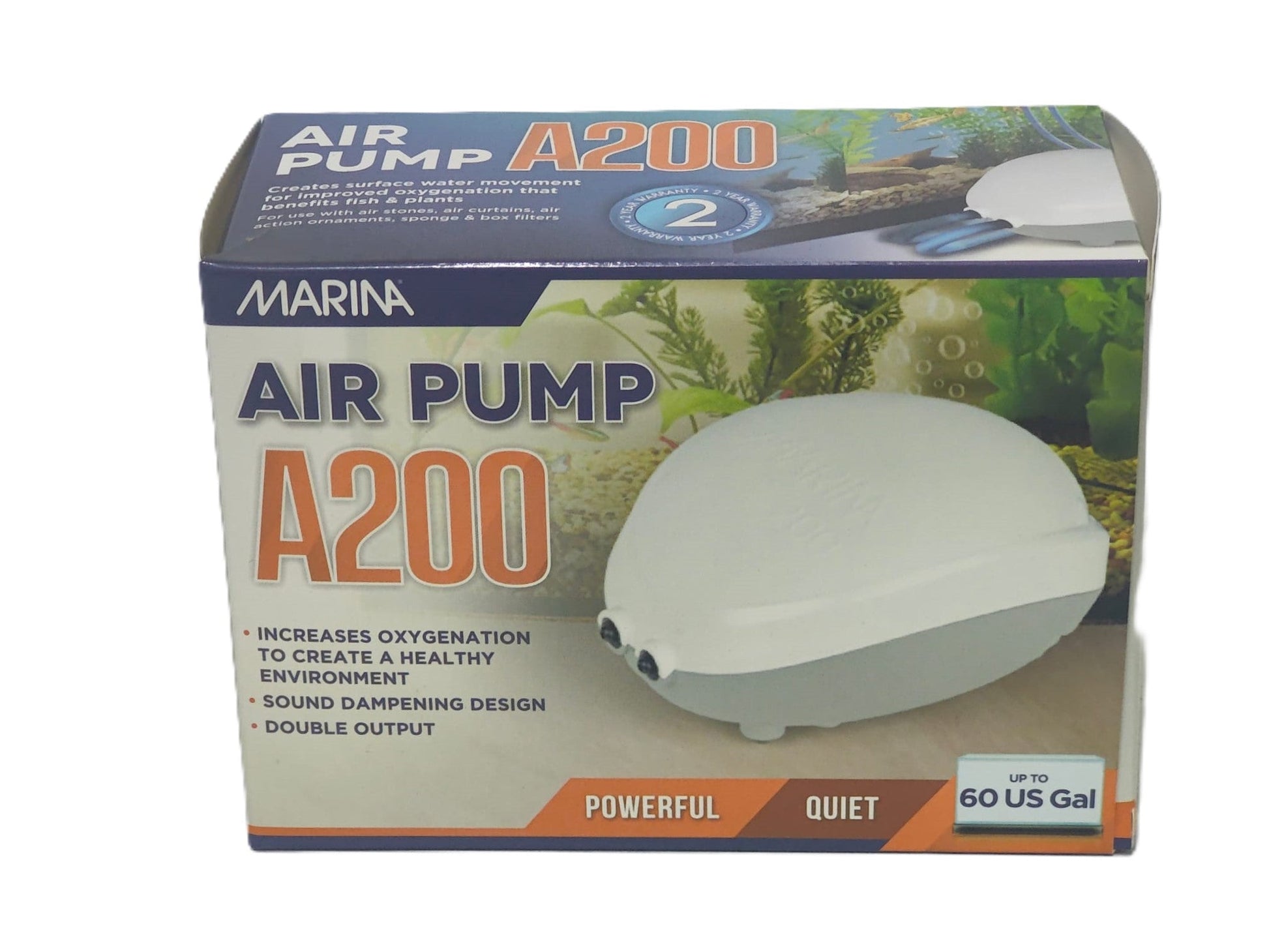 Marina A200 white aquarium air pump, double output, up to 60 gallons