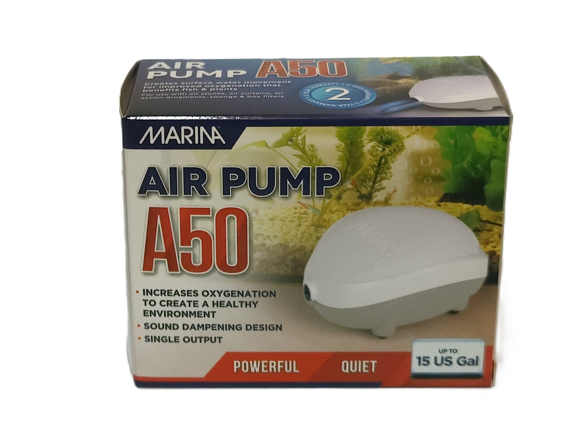Marina A50 white aquarium air pump, single output, up to 15 gallons