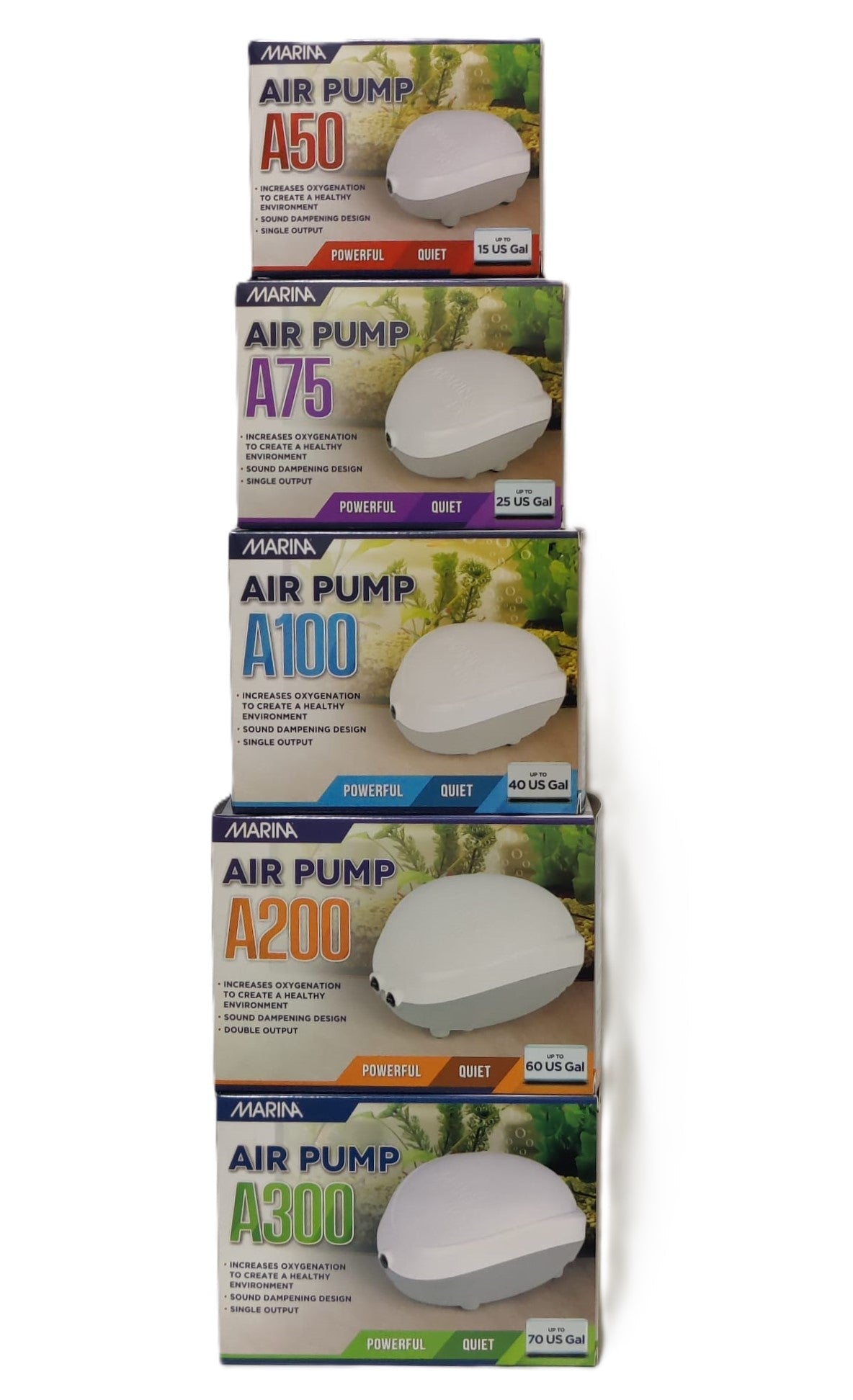 Marina Air Pump A50 to A300 white aquarium air pumps, full range