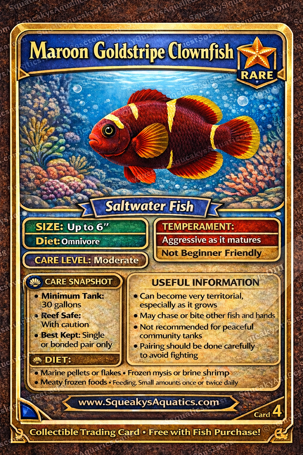 Collectible trading card featuring a Maroon Goldstripe Clownfish with details on care and habitat.