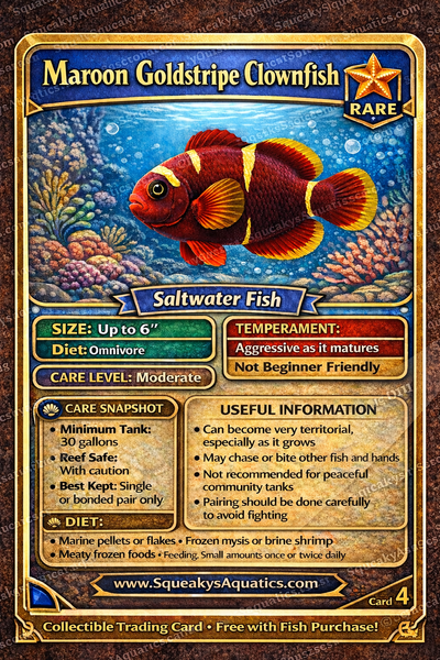 Collectible trading card featuring a Maroon Goldstripe Clownfish with details on care and habitat.