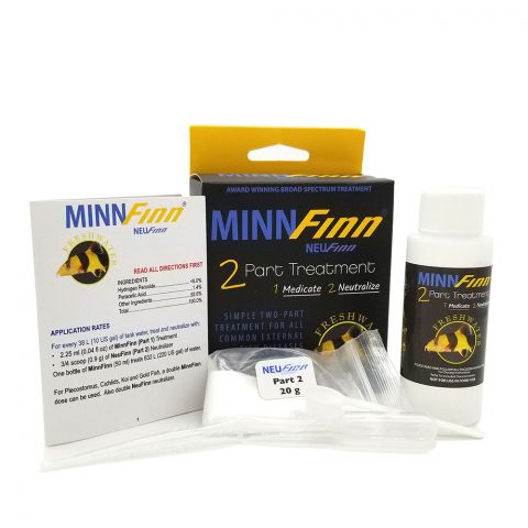 MinnFinn Freshwater Aquarium two-part treatment kit with NeuFinn neutralizer, scoop, dropper, and instructions