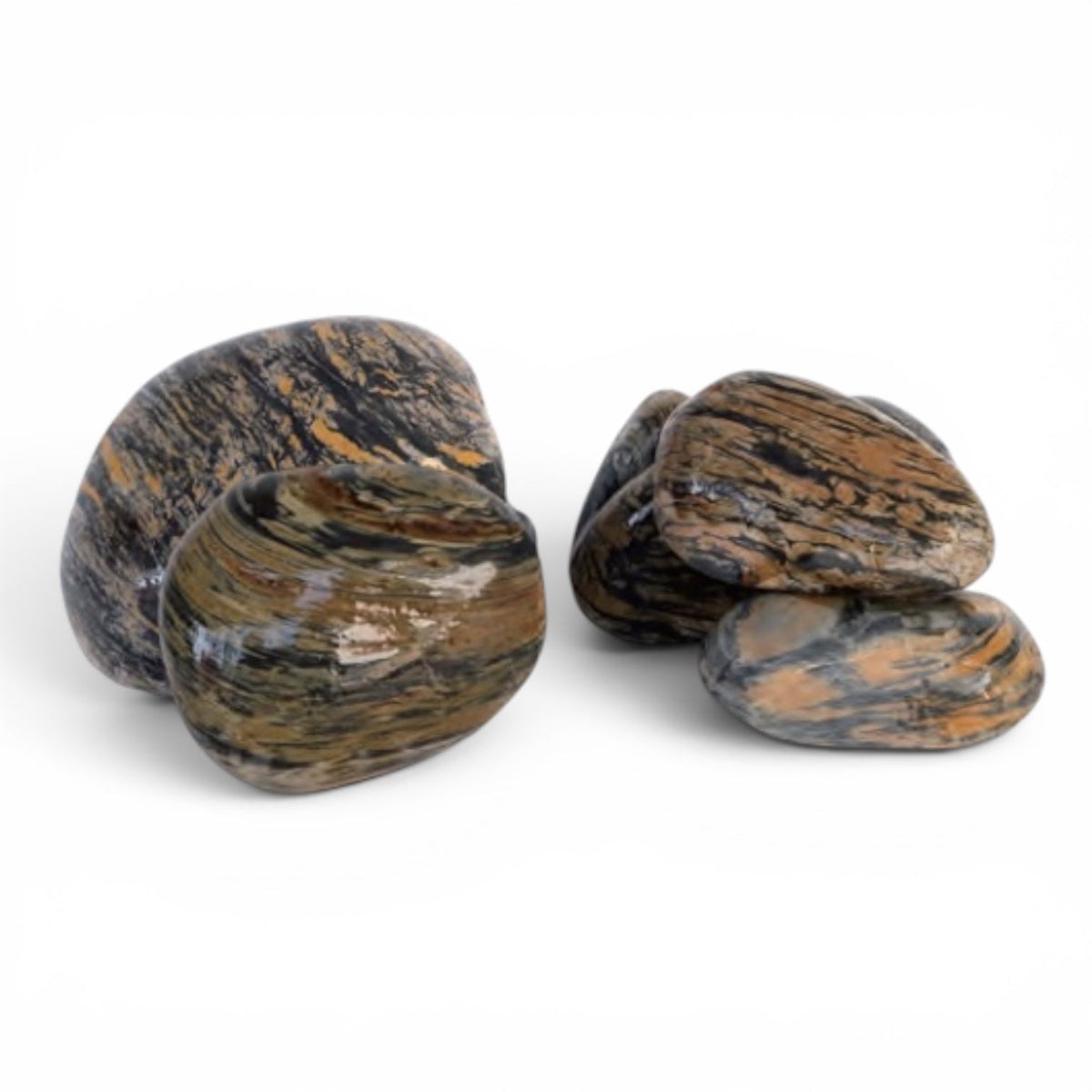 Ink Painting Stone, smooth rounded aquascaping stones with black, tan and rust banding