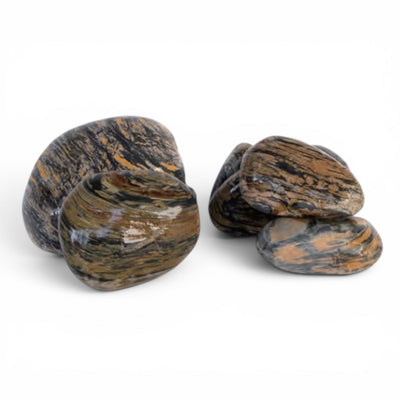 Ink Painting Stone, smooth rounded aquascaping stones with black, tan and rust banding