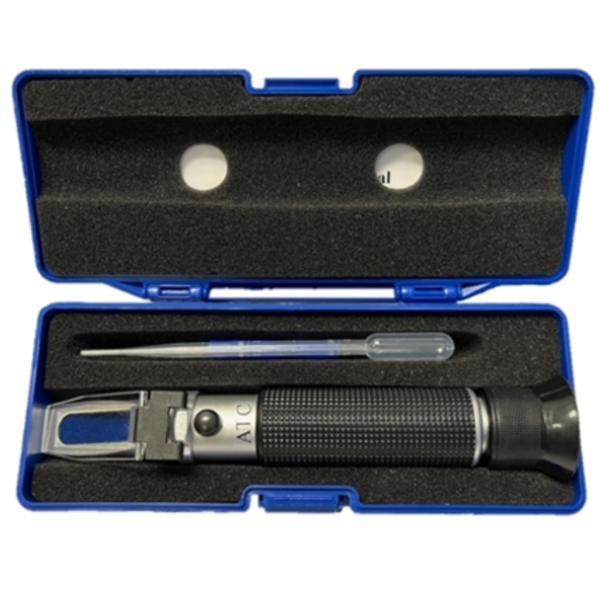 Squeaky's Aquatics saltwater refractometer with hard case, calibration screwdriver, and pipette