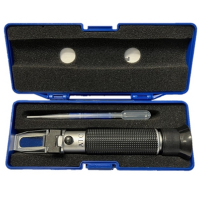 Squeaky's Aquatics saltwater refractometer with hard case, calibration screwdriver, and pipette