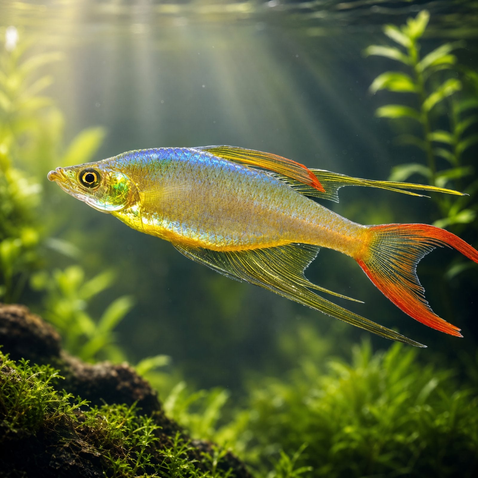 Threadfin Rainbowfish (Iriatherina werneri) male with long red filament fins and lyre tail in a planted tank