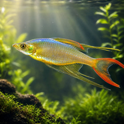 Threadfin Rainbowfish (Iriatherina werneri) male with long red filament fins and lyre tail in a planted tank
