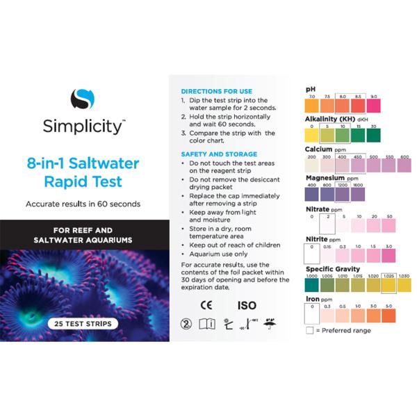 Simplicity 8-in-1 Saltwater Rapid Test parameters and color chart