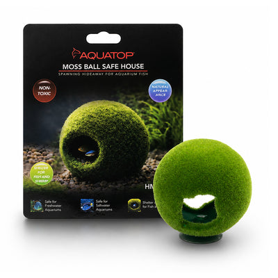 Aquatop Moss Ball Safe House Small, the moss-look sphere hideaway beside its retail card