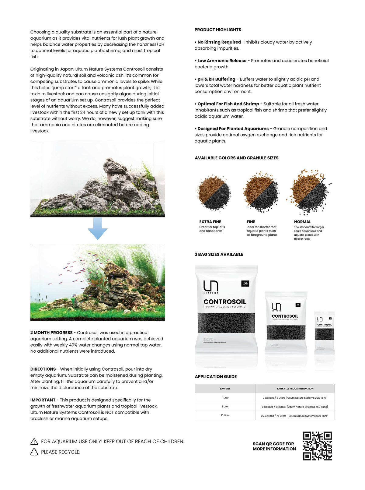 Back of the UNS Controsoil bag showing product highlights, directions and the bag size to tank size application guide