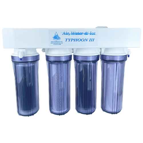 Air Water Ice Typhoon III 100 GPD RO/DI system, front view with catalytic carbon and color-changing DI stages