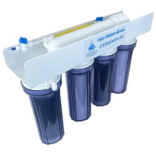 Air Water Ice Typhoon III 100 GPD RO/DI system, left-side view with tubing, valves, and handheld TDS meter