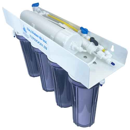 Air Water Ice Typhoon III 100 GPD RO/DI system, right-side view of membrane housing and clear filter canisters