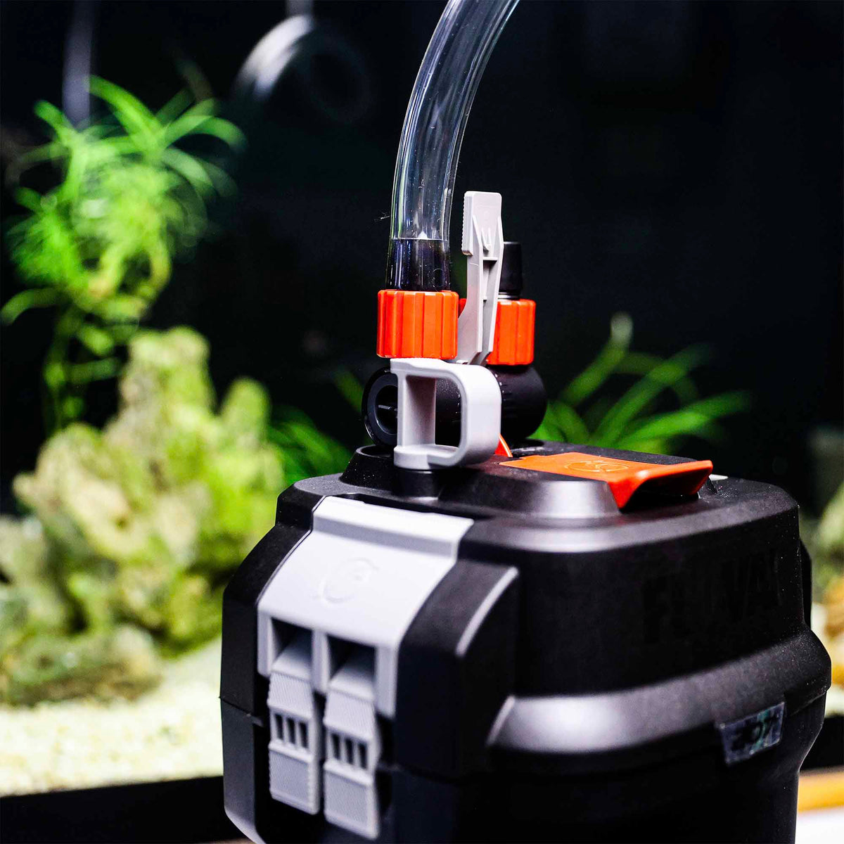 Clear vinyl tubing connected to an aquarium canister filter
