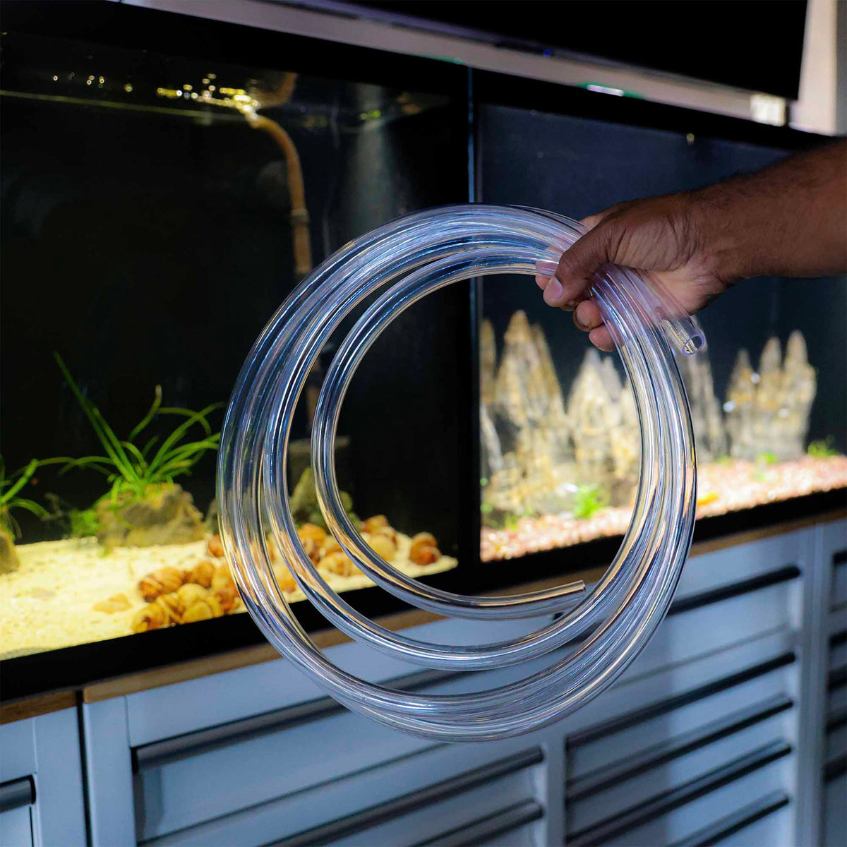 Coil of clear vinyl aquarium tubing showing the thicker kink resistant wall