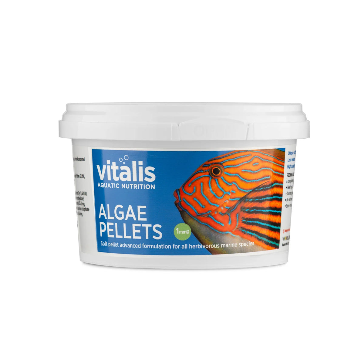 Vitalis Algae Pellets 1mm 140g pot, saltwater herbivore fish food