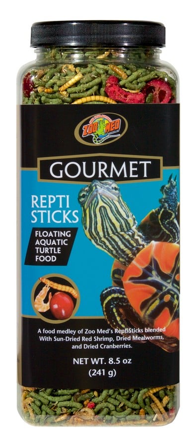 Zoo Med Gourmet ReptiSticks 8.5 oz jar, floating turtle food sticks with shrimp, mealworms, and cranberries