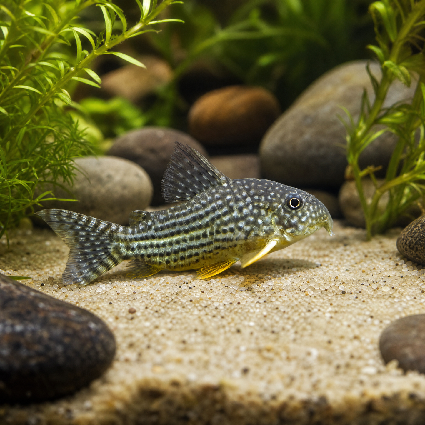 Sterbai Cory (Corydoras sterbai) freshwater catfish on sand, cream spotted body with orange pectoral fins
