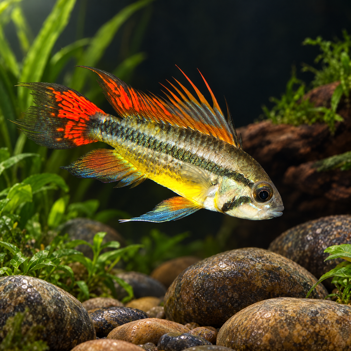 Cockatoo Dwarf Cichlid (Apistogramma cacatuoides) freshwater dwarf cichlid - male showing spiky dorsal crest and red-edged fins