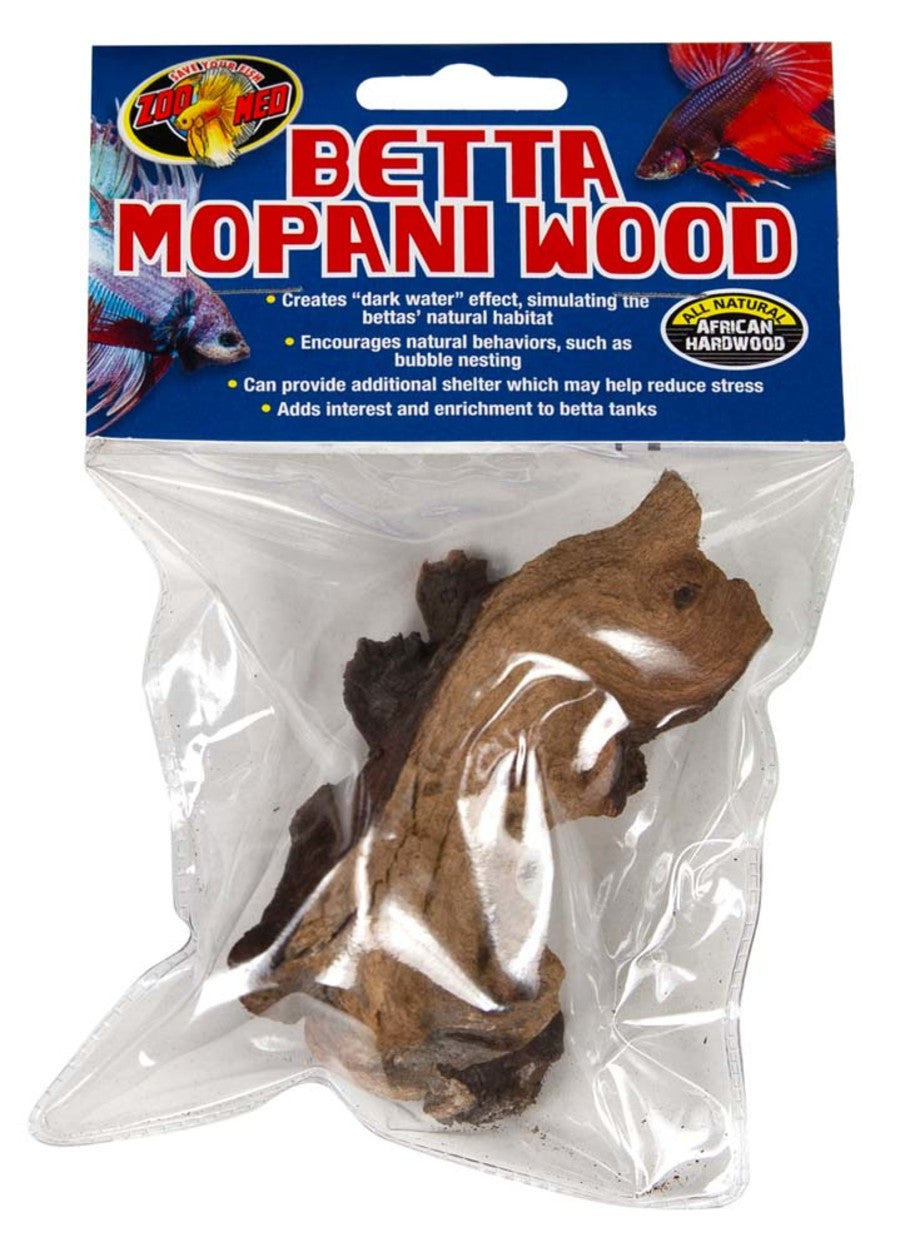ZooMed Betta Mopani Wood packaging - small piece of natural African Mopani driftwood for betta tanks and nano aquariums