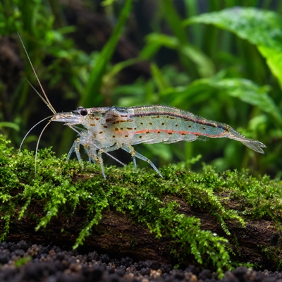 Amano Shrimp (Caridina multidentata) Freshwater algae-eating shrimp walking on moss-covered driftwood in a planted aquarium