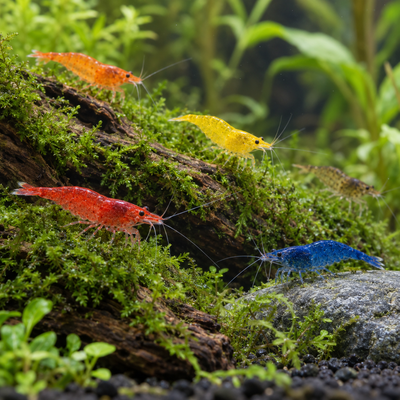 AI-generated representative image of assorted Neocaridina davidi dwarf shrimp in varied colors grazing in a planted aquarium. Actual colors and individuals vary.