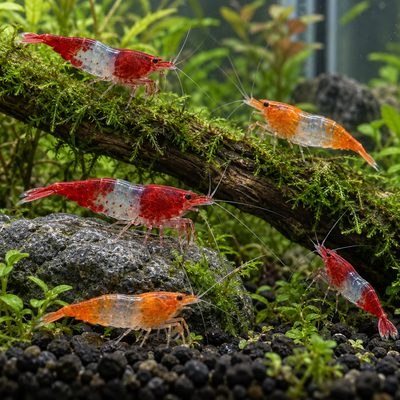 AI-generated representative image of assorted Rili Neocaridina davidi shrimp with colored heads and tails and translucent midsections grazing in a planted aquarium. Actual colors and individuals vary.