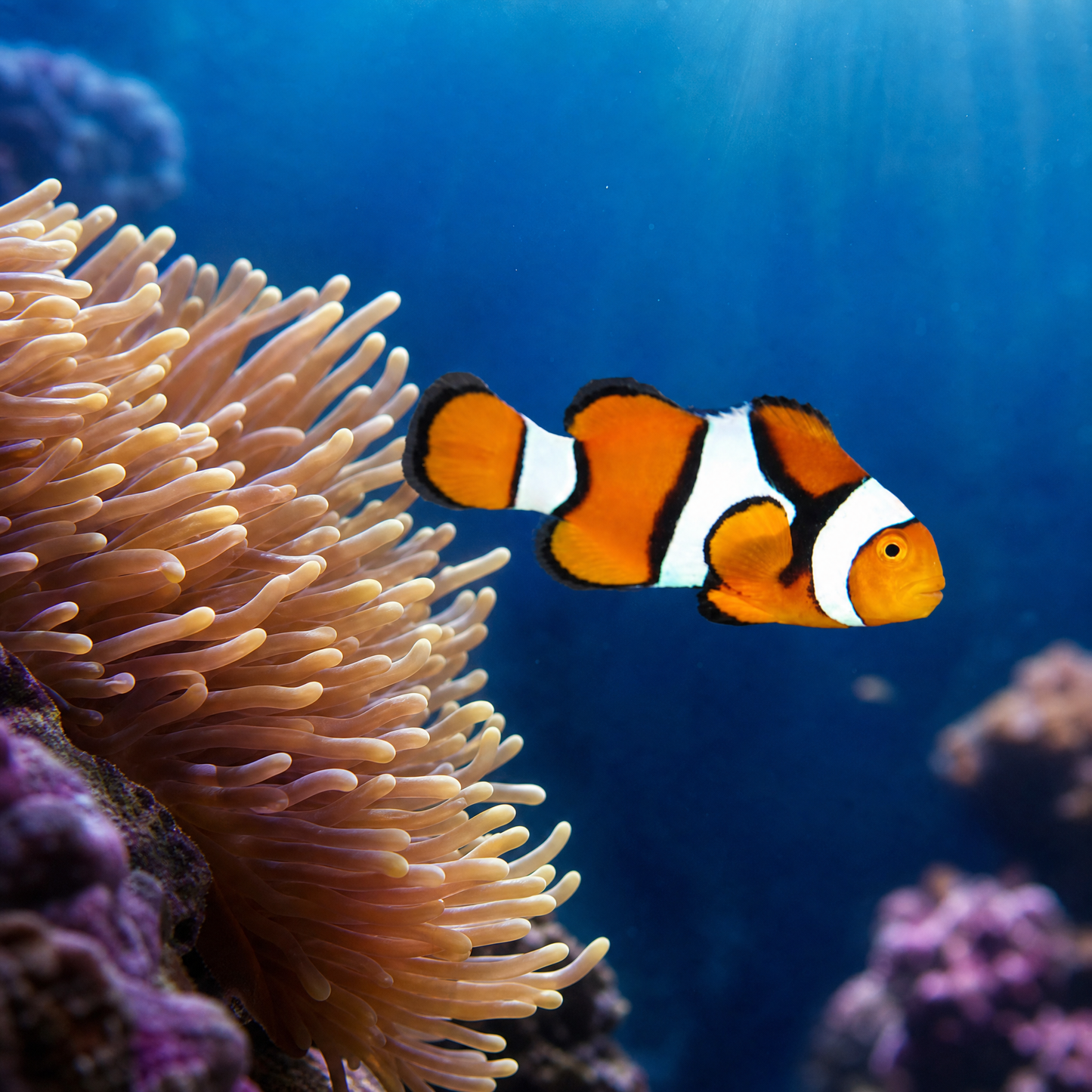 True Percula Clownfish (Amphiprion percula) saltwater reef fish swimming beside a host anemone