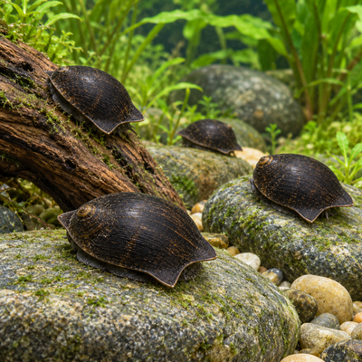 AI-generated representative image of four Batman Nerite snails (Neritina auriculata) grazing on rocks and driftwood in a planted aquarium; individual specimens vary.