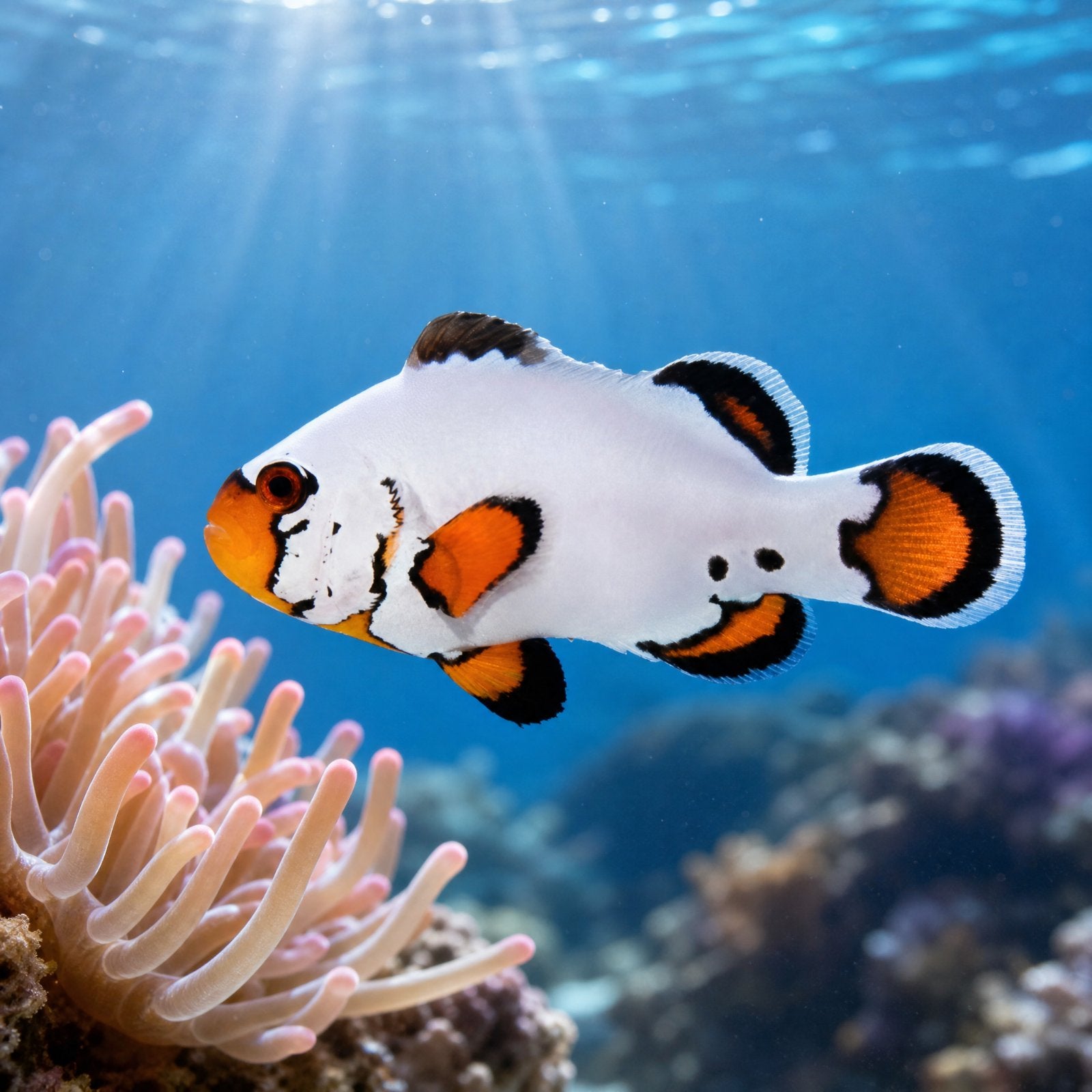 Flurry Clownfish (Amphiprion ocellaris) captive-bred designer saltwater clownfish with white body, black markings and orange fins