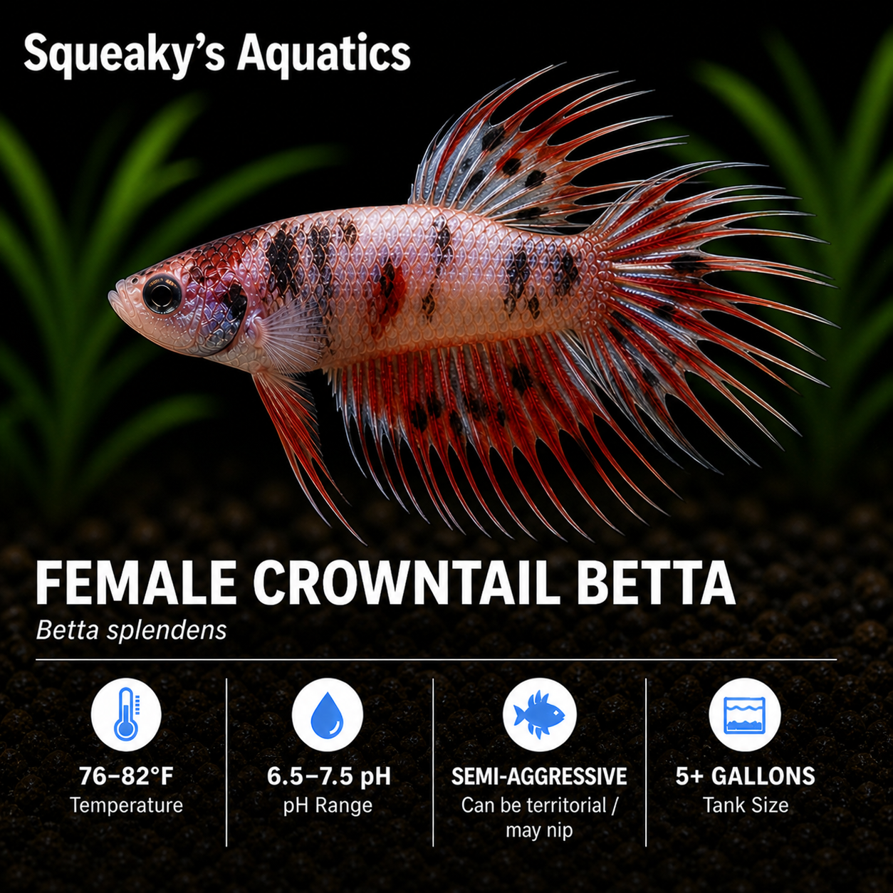 Female Crowntail Betta (Betta splendens) freshwater tropical fish - assorted colors with spiky comb-like fins