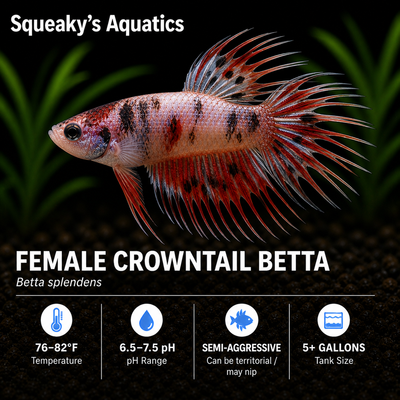 Female Crowntail Betta (Betta splendens) freshwater tropical fish - assorted colors with spiky comb-like fins