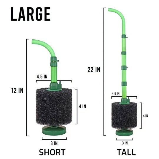 Green Easy Flow Sponge Filter, Large, dimension diagram with the short and tall uplift tube settings