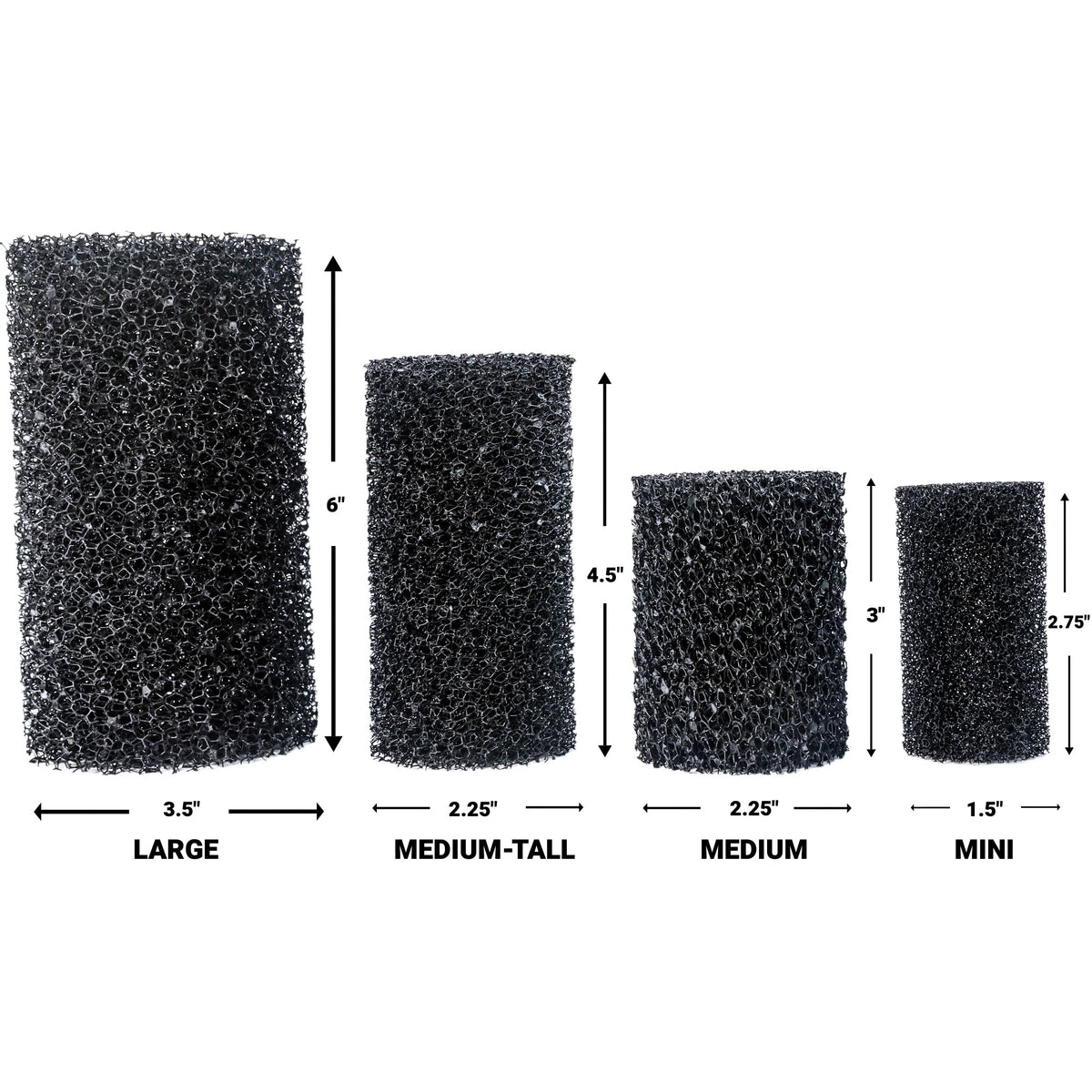 Aquarium Co-Op pre-filter sponge sizing diagram comparing Large, Medium-Tall, Medium and Mini