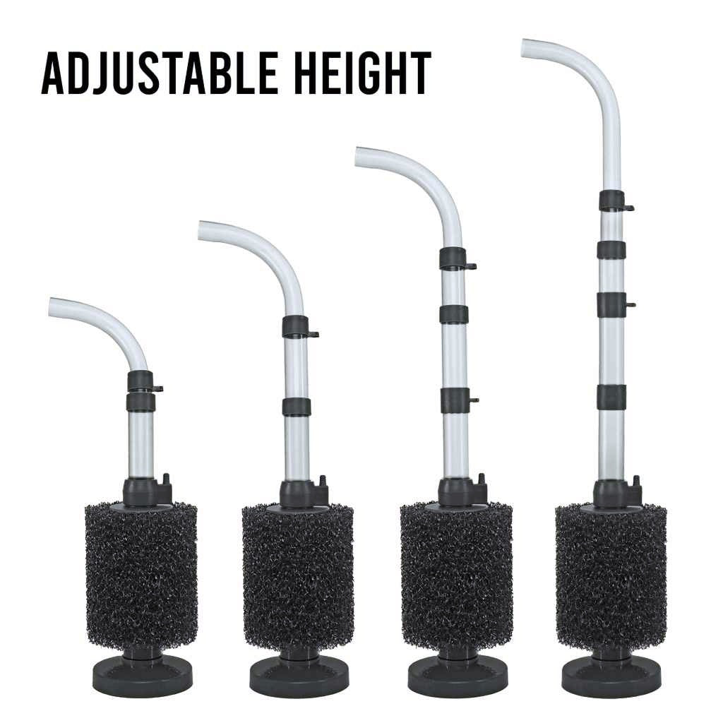 The four Easy Flow sponge filter sizes side by side showing the adjustable uplift tube height