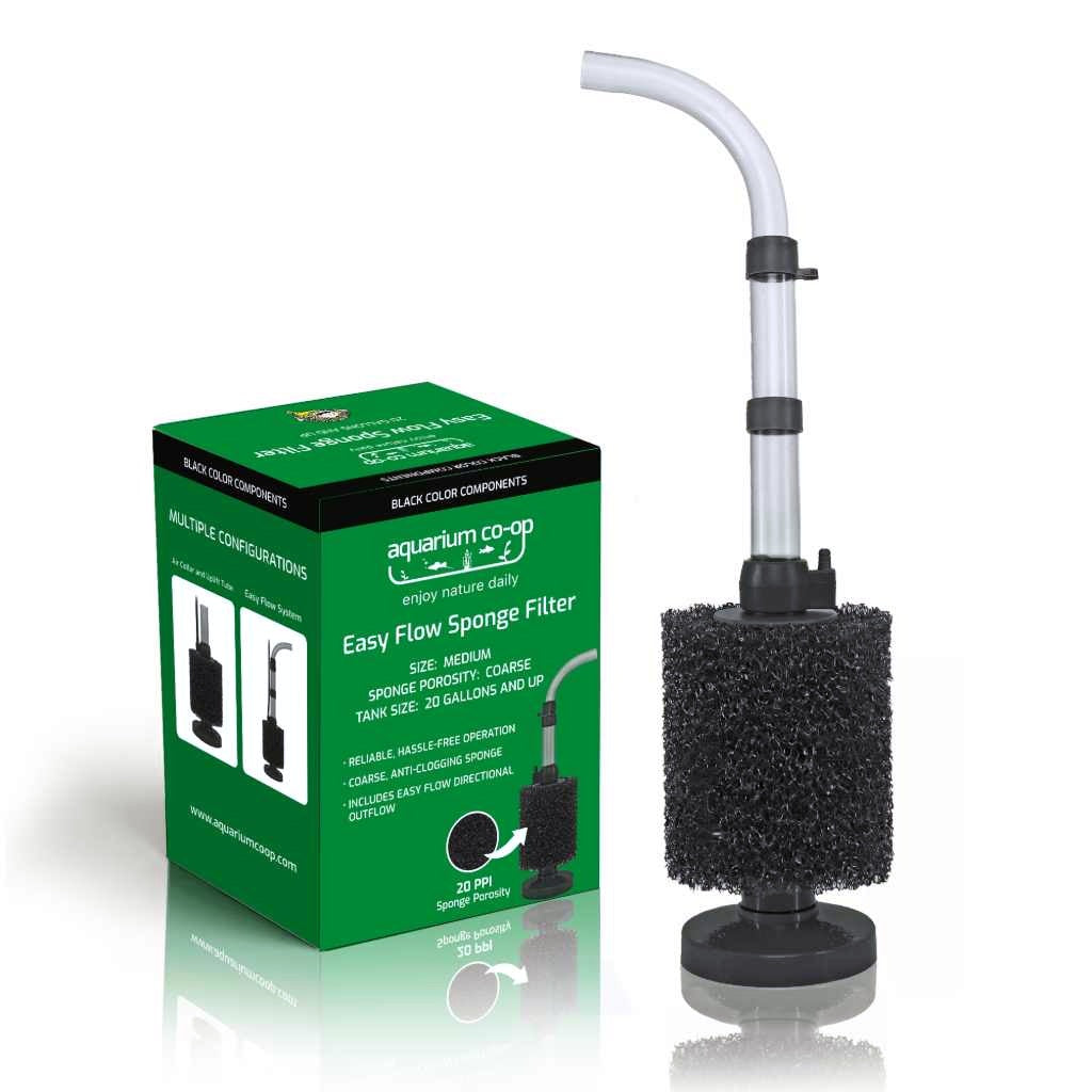 Aquarium Co-Op Black Easy Flow Sponge Filter coarse, retail box beside the assembled filter