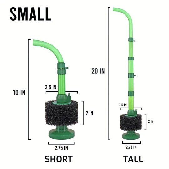 Green Easy Flow Sponge Filter, Small, dimension diagram with the short and tall uplift tube settings
