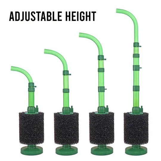 The four Green Easy Flow Sponge Filter sizes side by side showing the adjustable uplift tube height