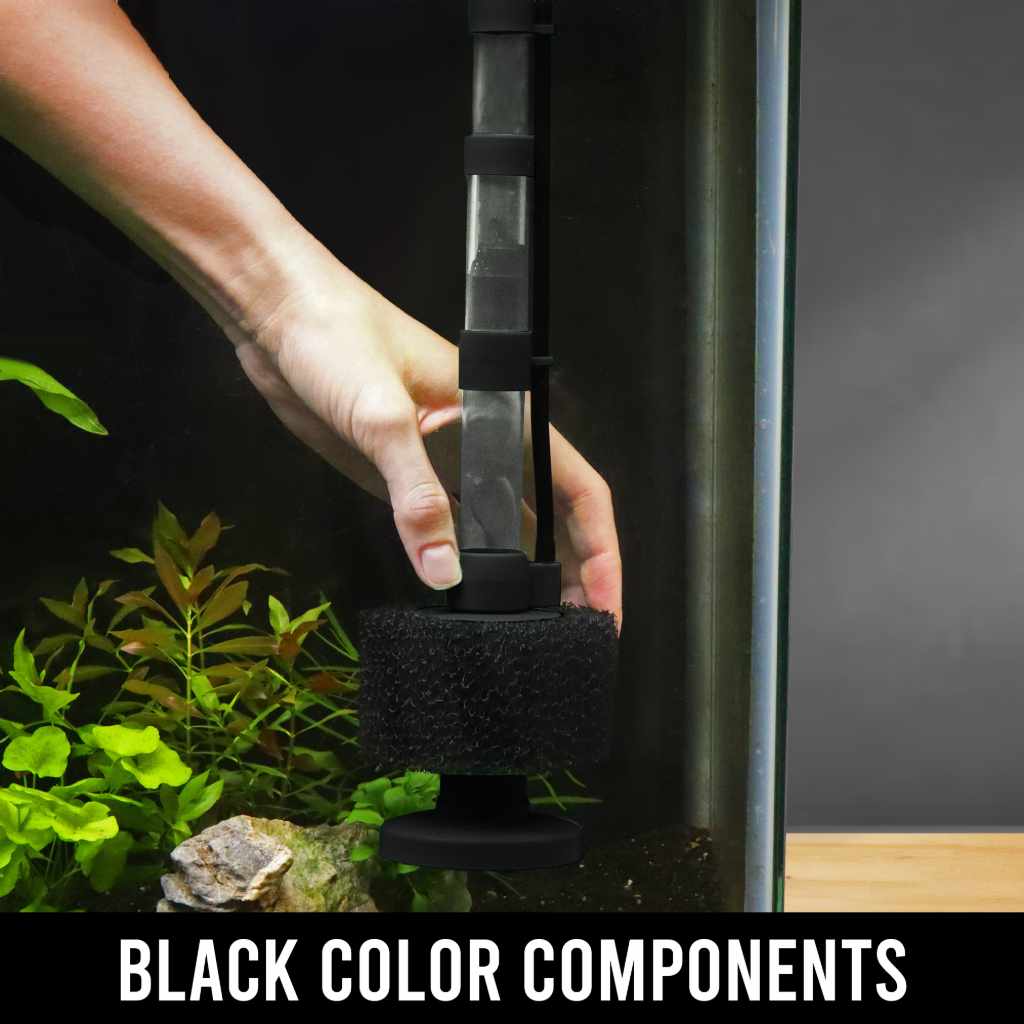 Black Easy Flow sponge filter being placed in an aquarium, showing the black components