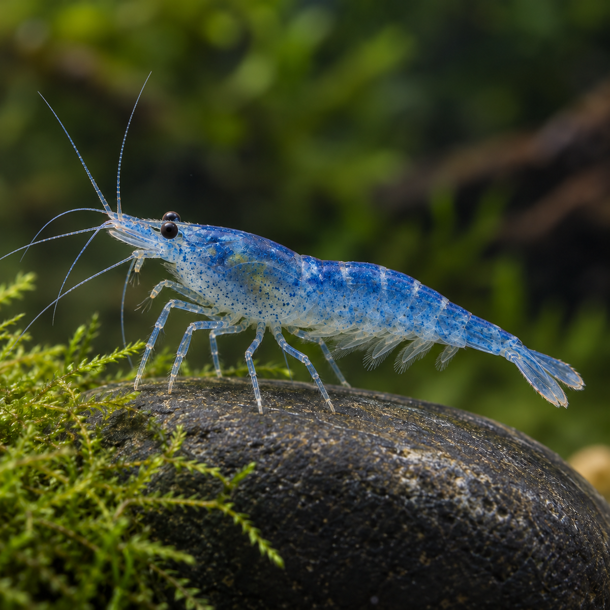 Blue Velvet Shrimp (Neocaridina davidi) freshwater dwarf shrimp on a rock with moss, representative image