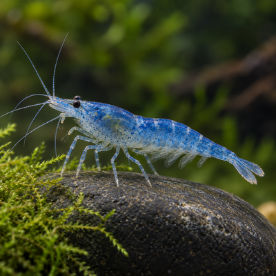 Blue Velvet Shrimp (Neocaridina davidi) freshwater dwarf shrimp on a rock with moss, representative image