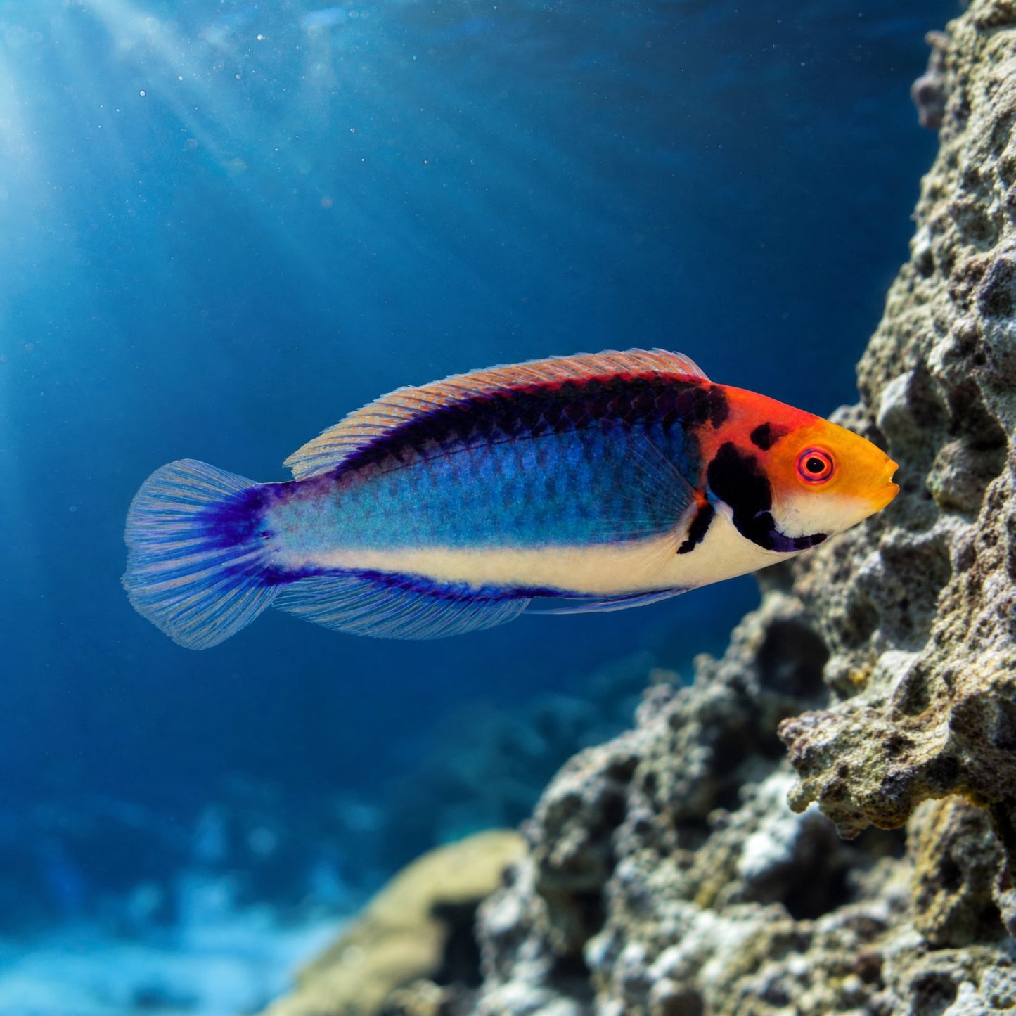 Clown Fairy Wrasse (Cirrhilabrus solorensis) male with red orange head and electric blue body, reef safe