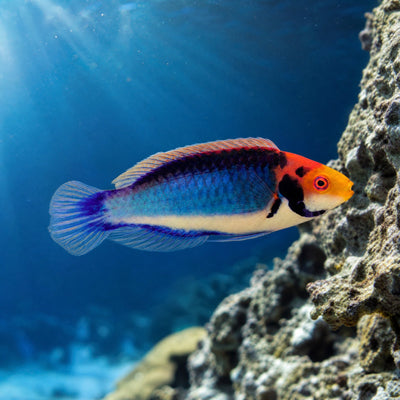 Clown Fairy Wrasse (Cirrhilabrus solorensis) male with red orange head and electric blue body, reef safe