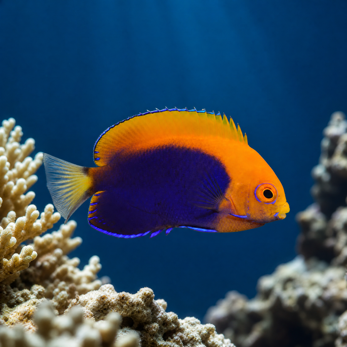 African Flameback Angelfish (Centropyge acanthops) saltwater dwarf angel with orange back and blue body