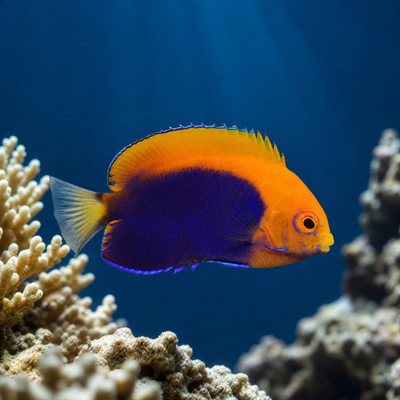 African Flameback Angelfish (Centropyge acanthops) saltwater dwarf angel with orange back and blue body