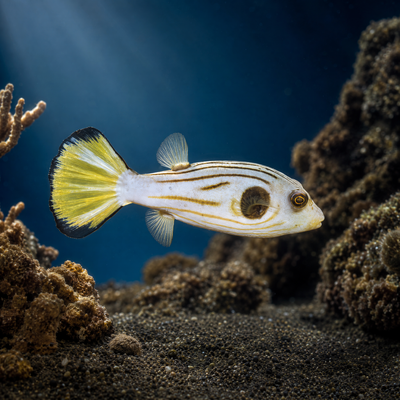 Striped Dogface Puffer (Arothron manilensis) saltwater fish with narrow dark stripes and yellow tail