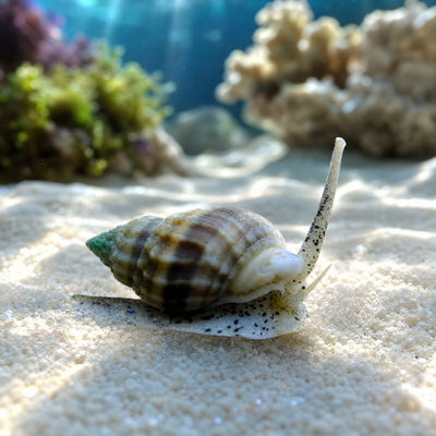 Nassarius Snail (Nassarius sp.) saltwater sand-sifting cleanup crew snail with siphon extended on sand bed