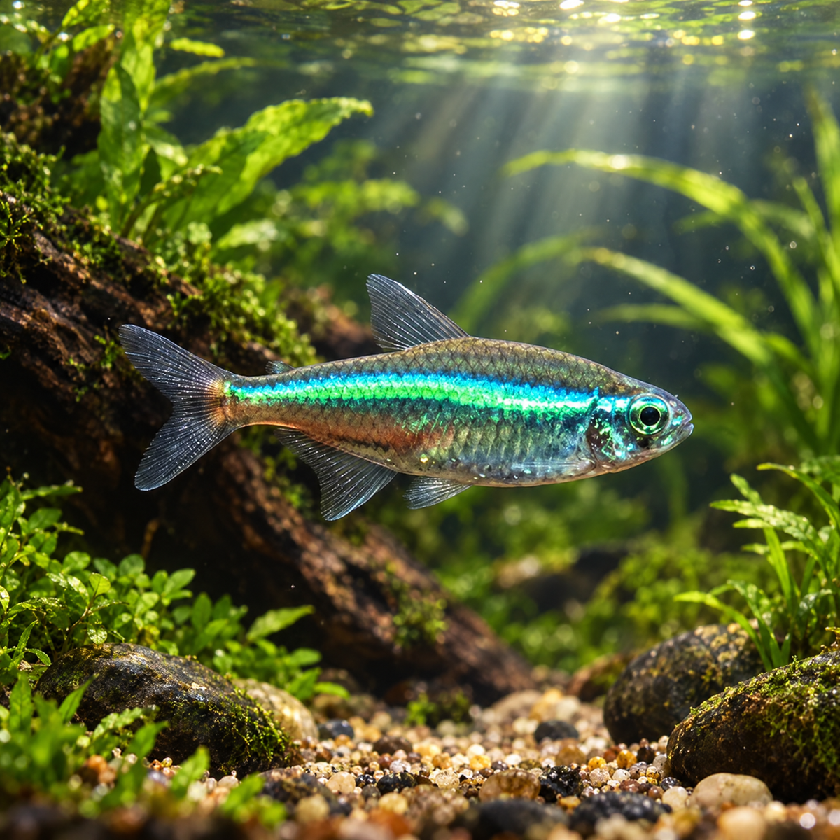 Green Neon Tetra (Paracheirodon simulans) freshwater nano schooling fish with an electric blue-green stripe