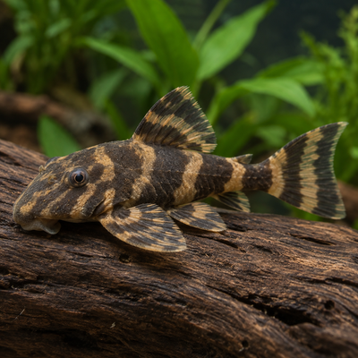 AI-generated representative image of a Clown Pleco (Panaqolus maccus) resting on driftwood